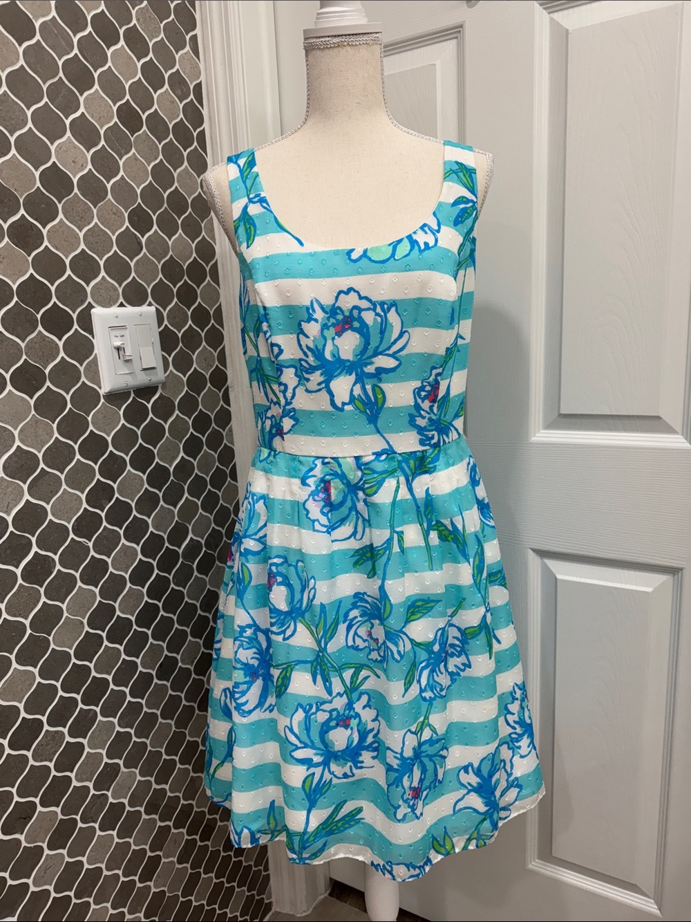 Lilly Pulitzer Aqua & White Striped Floral Midi Dress